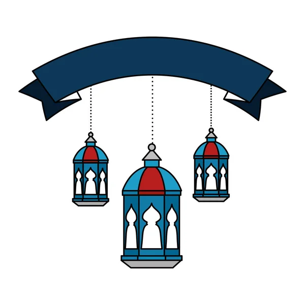 Svítidla a stužka visící v ramadánu Kareem oslava — Stockový vektor