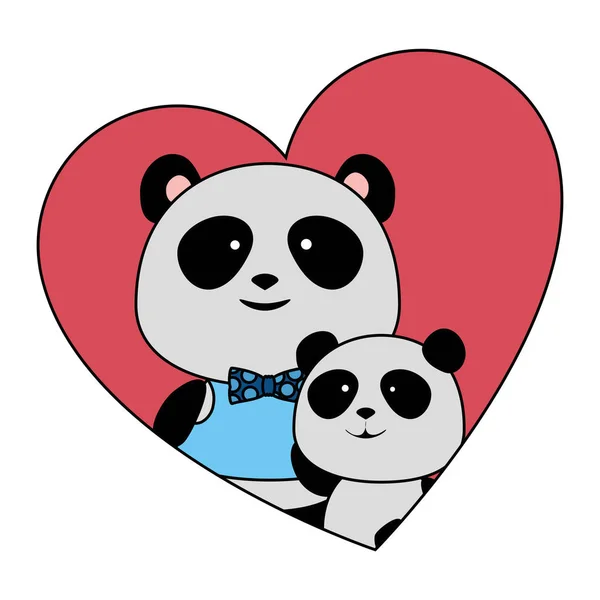 Lindo padre e hijo panda osos en personajes de corazón — Archivo Imágenes Vectoriales