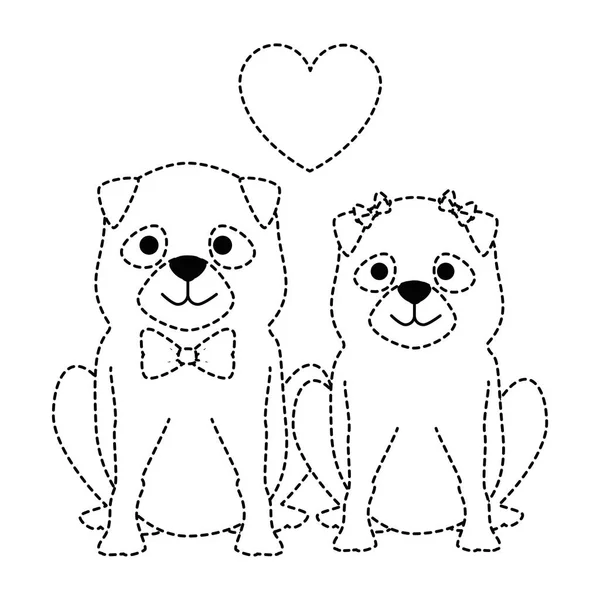 Cute dogs couple lovers with hearts characters — Stock Vector