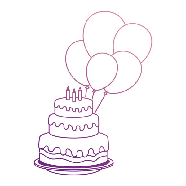 Delicioso pastel con velas y globos helio — Vector de stock