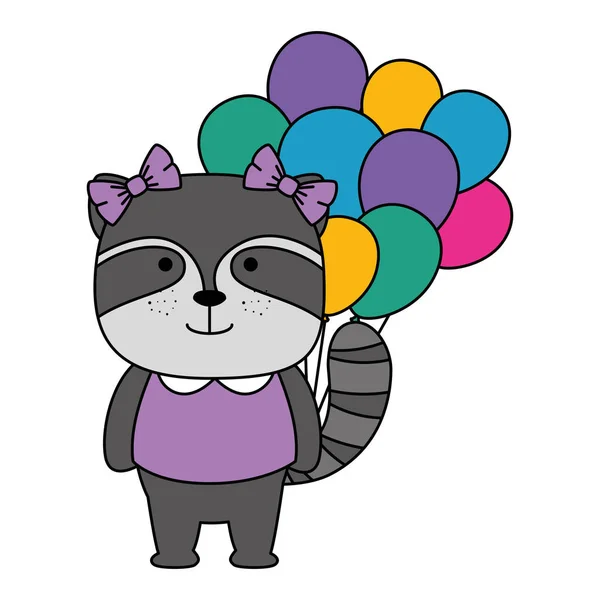 Mignon raton laveur witth ballons hélium personnage icône — Image vectorielle