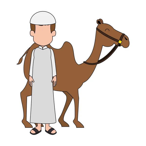 Moslim man met kameel dieren transport — Stockvector