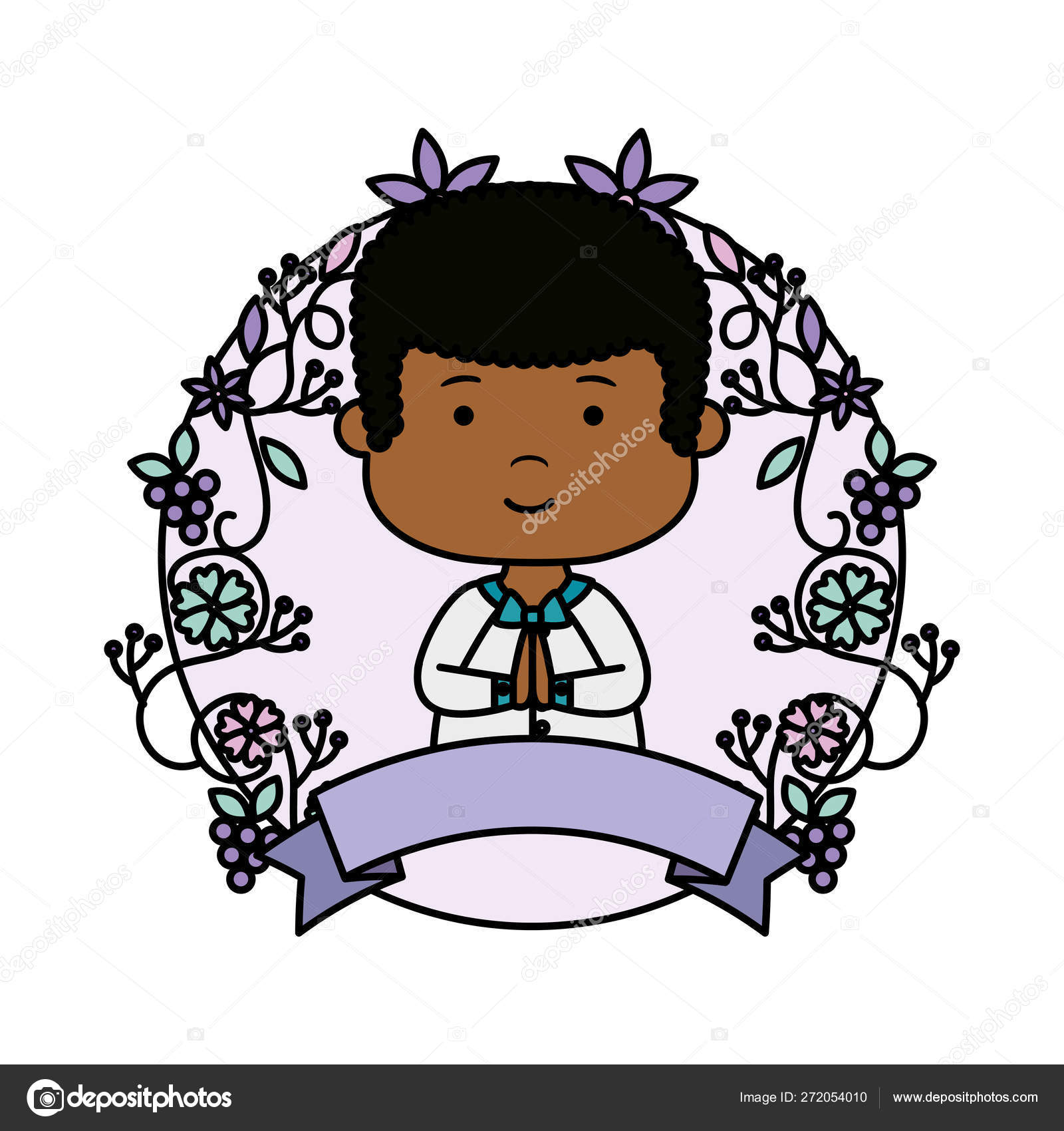 Little Black Boy With Wreath Flowers First Communion Stock