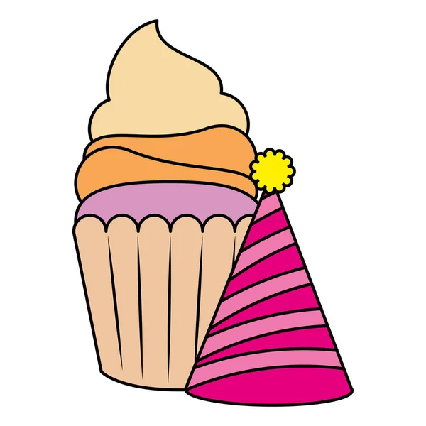 Süßes Cupcake-Gebäck mit Party-Hut — Stockvektor