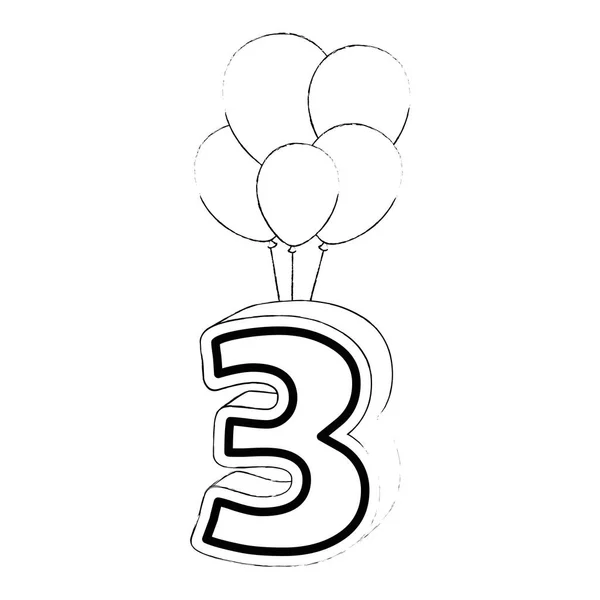 Lindo número tres con globos de helio — Vector de stock