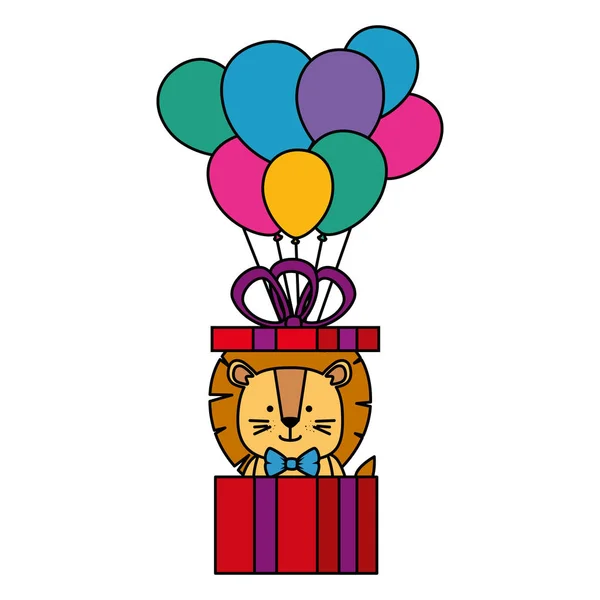 Cute lion in gift and balloons helium — Stock Vector