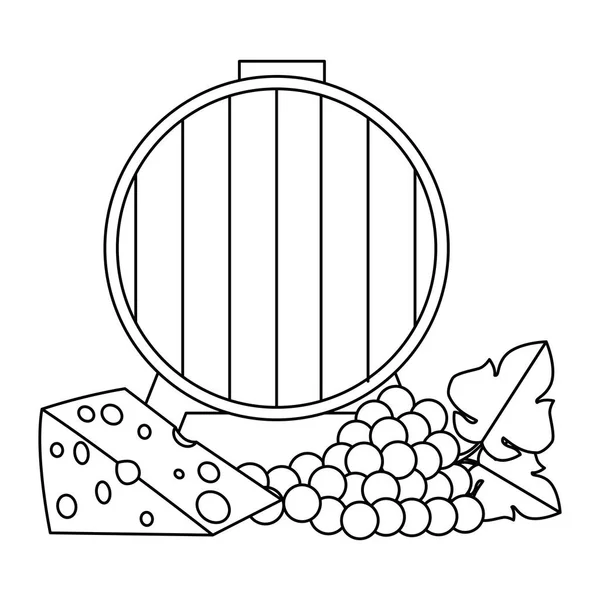 Barril de vinho com cluster de uvas e queijo — Vetor de Stock