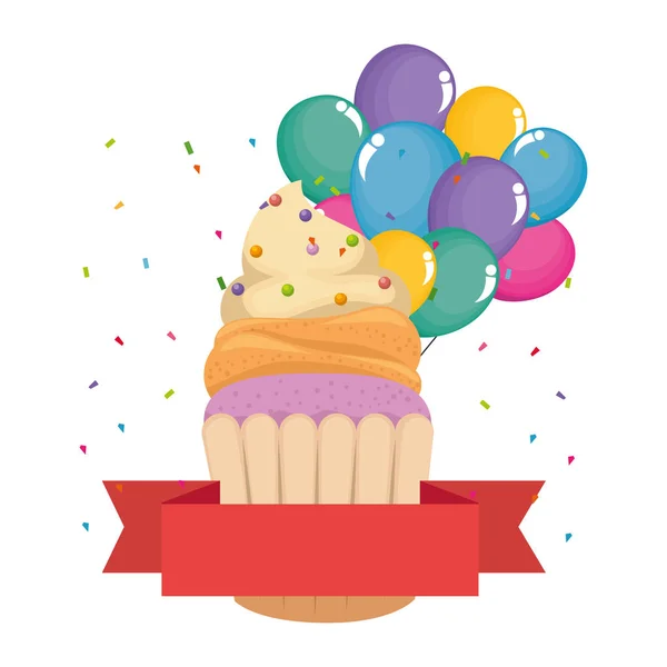 Doce cupcake pastelaria com balões de hélio —  Vetores de Stock