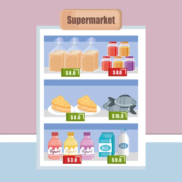 Supermarkt plank met producten — Stockvector