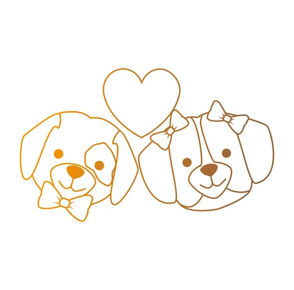 Cute dogs heads couple lovers with hearts characters — Stock Vector