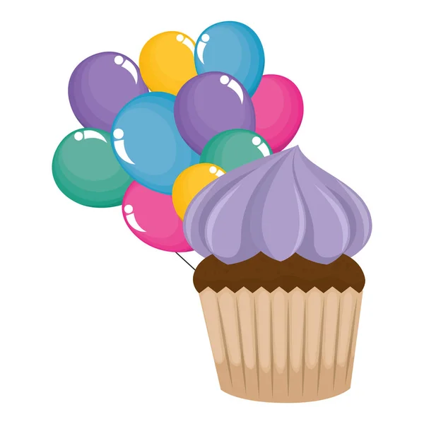 Zoete cupcake gebak met ballonnen helium — Stockvector