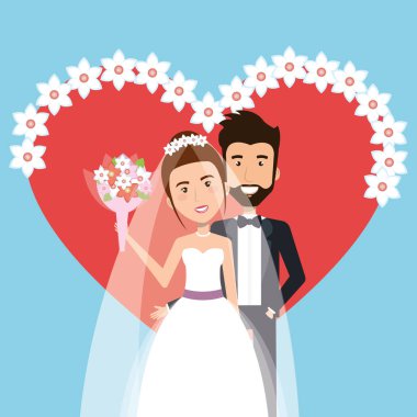 düğün töreni gelin ve damat birlikte kalp çiçek dekorasyon