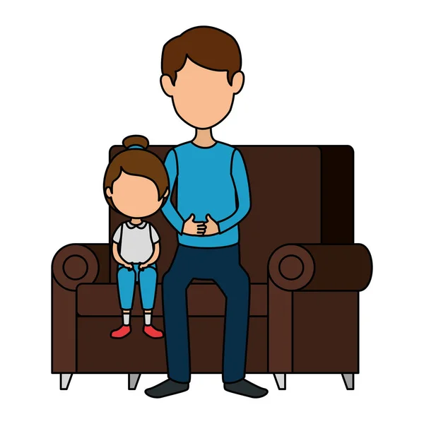 Pai com a menina nos personagens do sofá —  Vetores de Stock