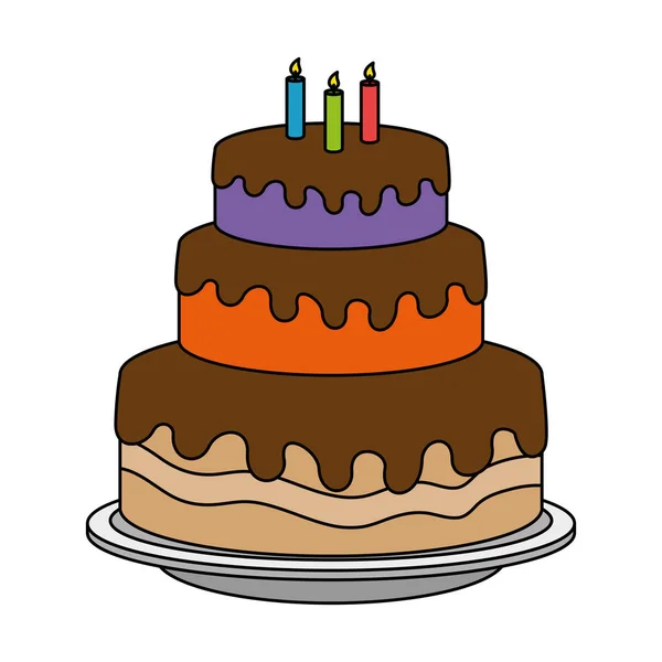 Pastel dulce y delicioso con velas — Vector de stock