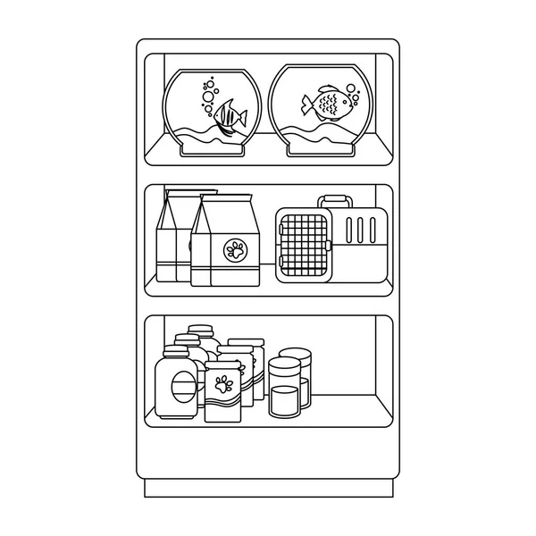 Półki w sklepie weterynaryjnym z akwariami i produktami — Wektor stockowy
