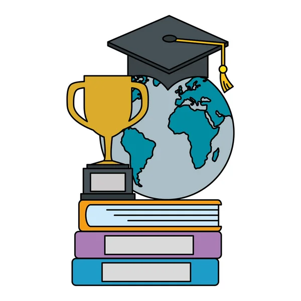 Pile text books with trophy and planet — Stock Vector