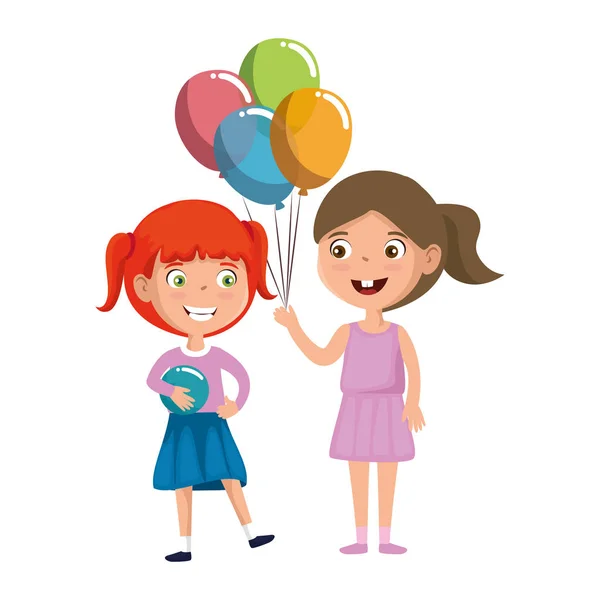 Kleine meisjes vrienden met ballonnen helium karakters — Stockvector