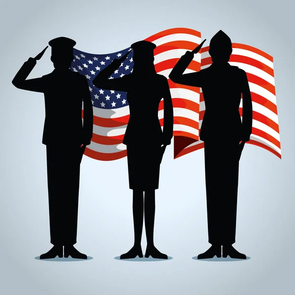 Vatanseverlik militariler ile USA bayrağı tatil — Stok Vektör