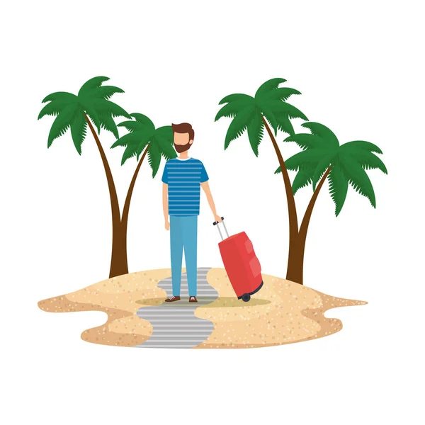 3.带着手提箱在海滩上旅行的年轻人 — 图库矢量图片