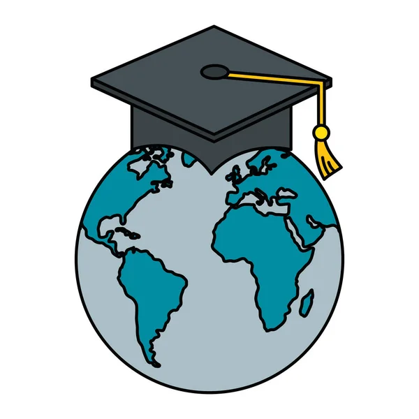 Hoed afstuderen met wereld planeet — Stockvector