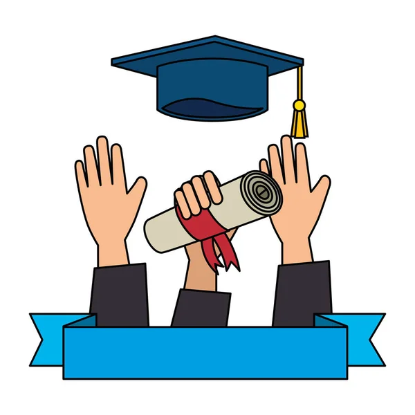 Házená ruka s maturitním diplomem a kloboukem — Stockový vektor