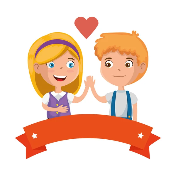 Little kids couple with heart and ribbon — Stock Vector
