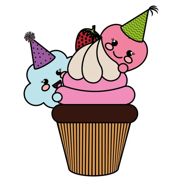 Nuages mignons avec des personnages cupcake et coeur kawaii — Image vectorielle