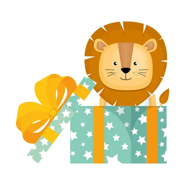 Schattige Leeuw in geschenk karakter — Stockvector