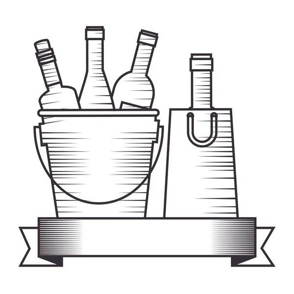 Bouteilles de vin silhouettes dans le seau et le ruban — Image vectorielle