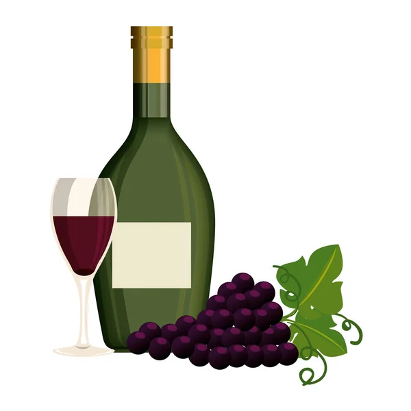 带杯子和葡萄的酒瓶 — 图库矢量图片