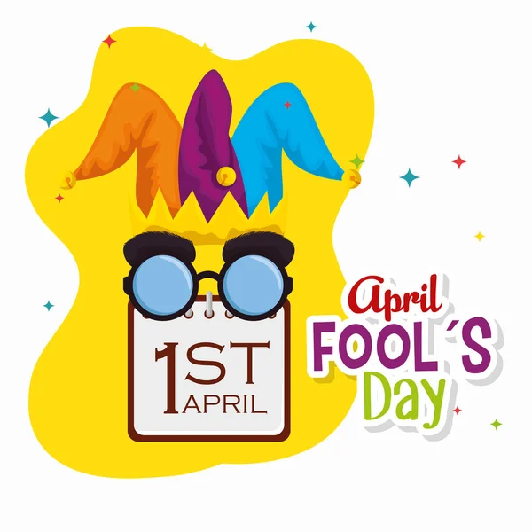 Joker hat with funny glasses and calendar to fools day — Stock Vector