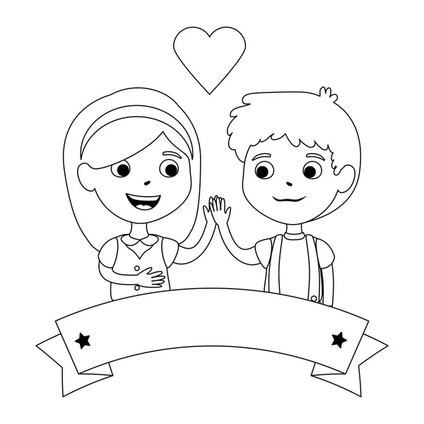 Couple de petits enfants avec coeur et ruban — Image vectorielle