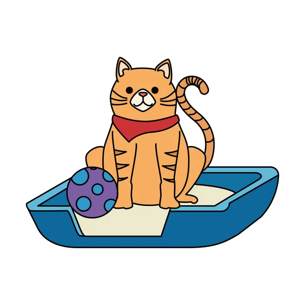 Mascotte de chat mignon dans le lit avec personnage de balle — Image vectorielle