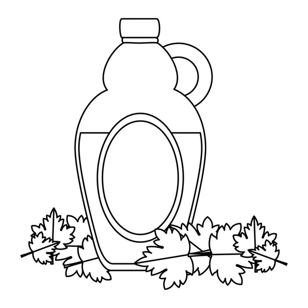 Sweet maple syrup bottle and leafs — Stock Vector