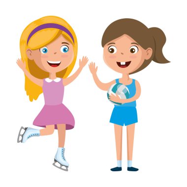 küçük kız arkadaşlar paten ve voleybol oynuyor