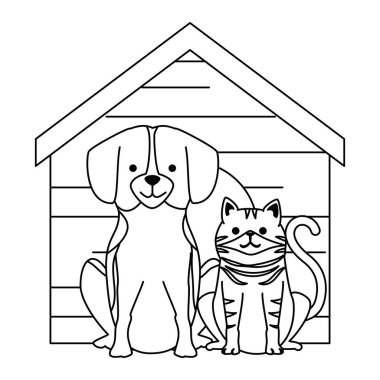 ahşap ev karakterleri ile sevimli köpek ve kedi