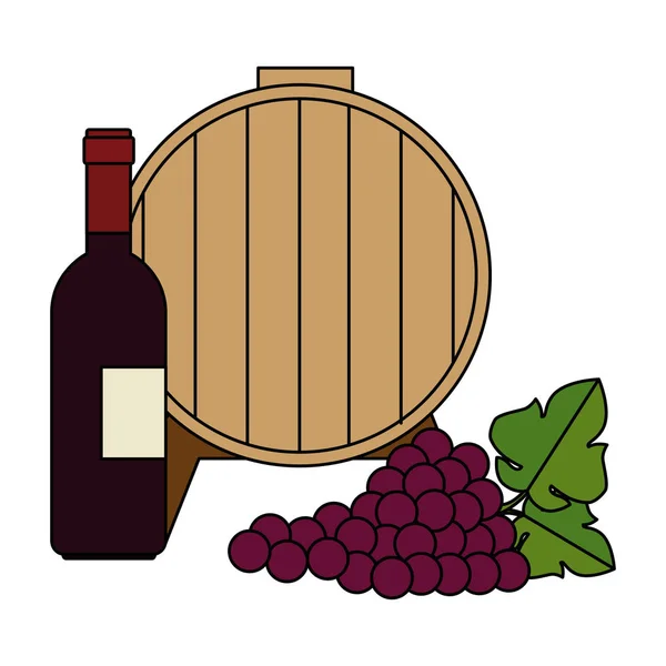Wine barrel with grapes cluster and bottle — Stock Vector