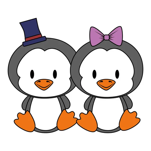 Schattig en schattig paar pinguïns personages — Stockvector