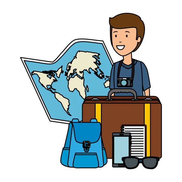 Uomo turistico con cartina e icone di viaggio — Vettoriale Stock