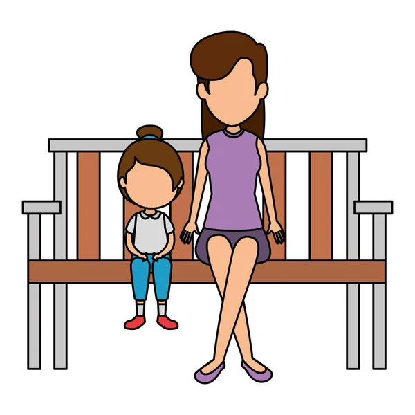 Daughter with mother in the park chair characters — Stock Vector