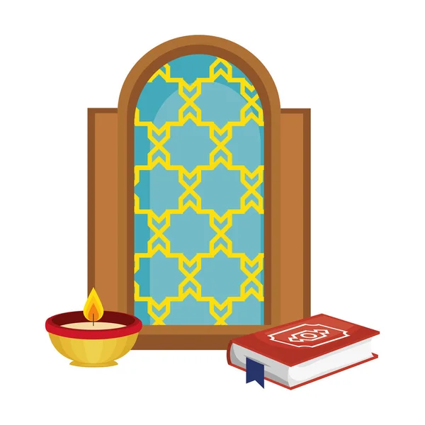 Window of temple and book with candle — Stock Vector