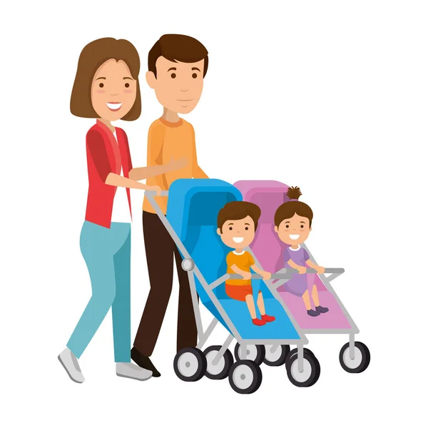 Rodiče pár s dětmi v košíku — Stockový vektor