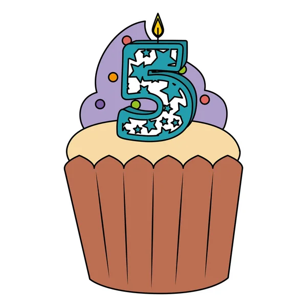 Dulce cupcake con vela número cinco — Vector de stock