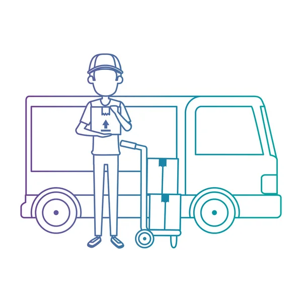 Doručovací pracovník s vozíkem a nákladním vozem — Stockový vektor
