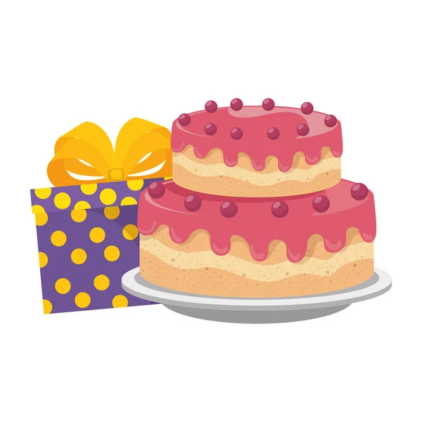 Gâteau sucré et délicieux avec cadeaux — Image vectorielle