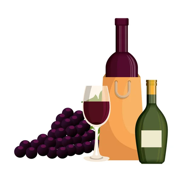 Botella de vino y racimo de uvas — Vector de stock