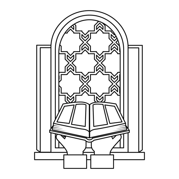 Libro sagrado con la ventana del templo icono religioso — Vector de stock