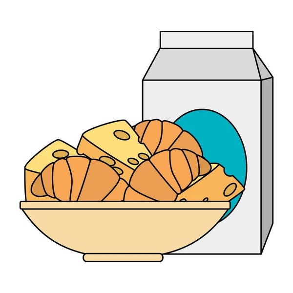Croissant pão delicioso em prato e caixa de leite —  Vetores de Stock