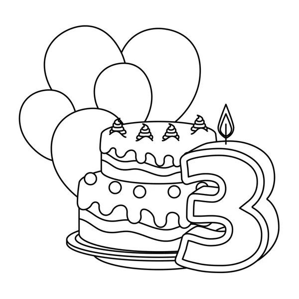 Bonito número três vela com bolo e balões de hélio —  Vetores de Stock