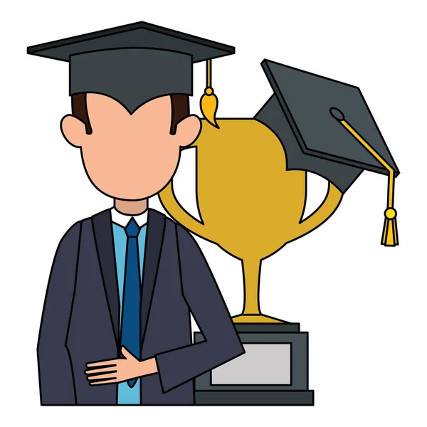 Étudiant diplômé avec coupe trophée — Image vectorielle